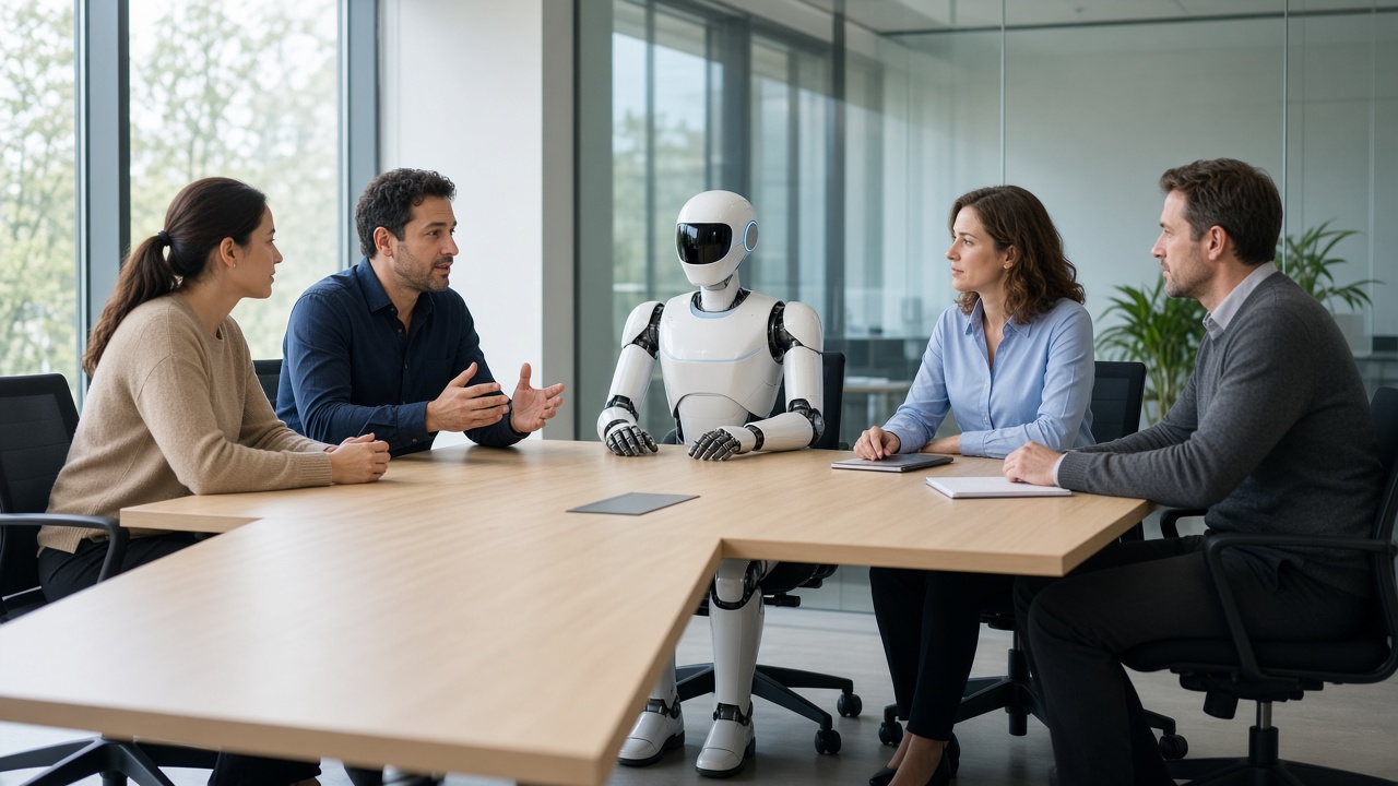 An advanced human-scale robot sits in a conference chair between employees who are discussing a problem around an office table.