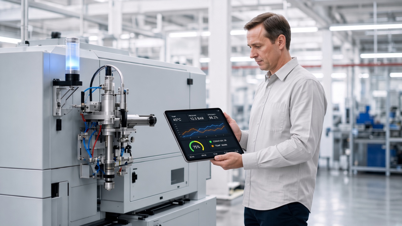 A technician holding a normal-sized tablet with both hands, reading an operations dashboard beside a sensor-fitted machine.