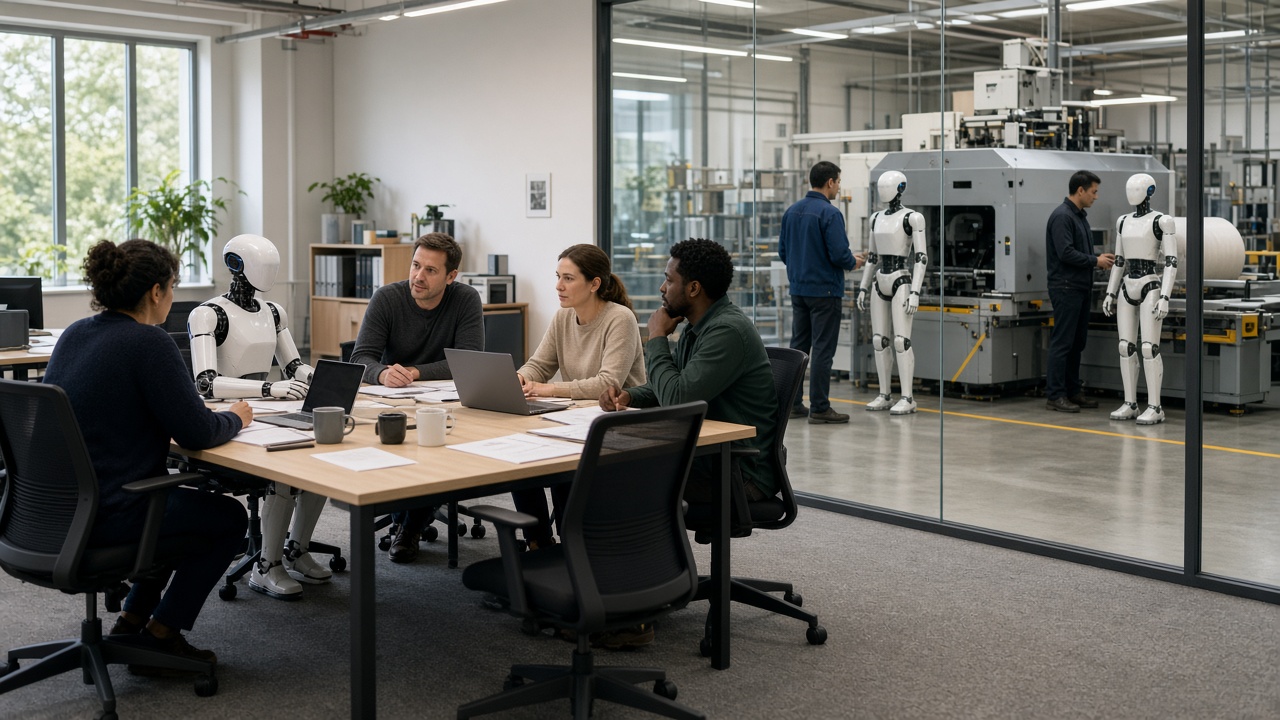 After: three of the places in the office and on the industry floor are human-scale AI robots working with the team.